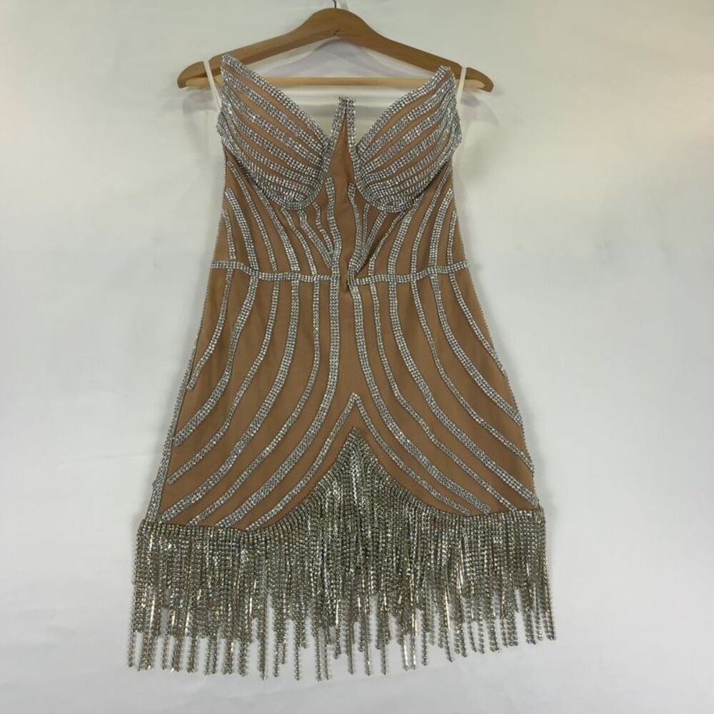 Jessica Bara Embellished Nude Mini Dress with Silver Fringe